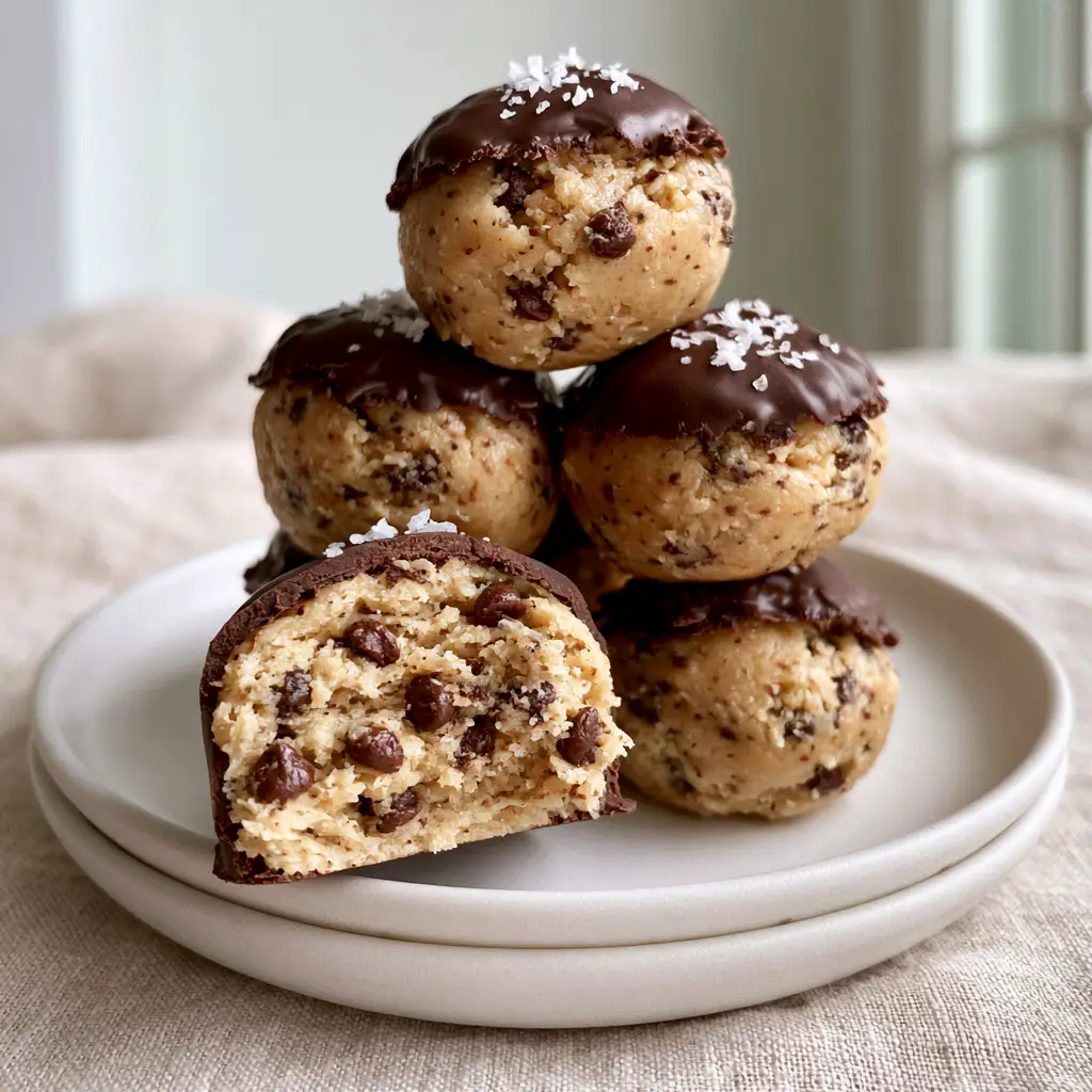 Cookie Dough Truffles with Glossy Dark Chocolate and Sea Salt 1 Glossy dark chocolate cookie dough truffles garnished with flaky Maldon sea salt on a plate.