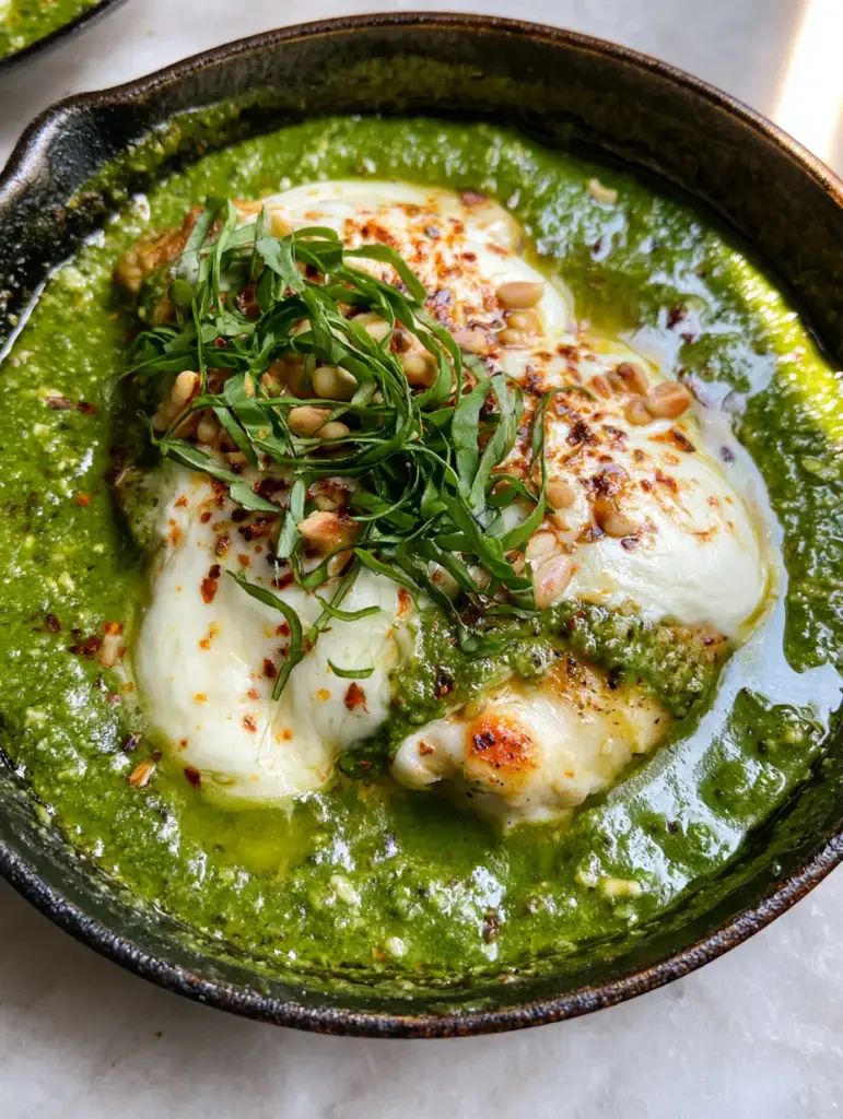 Pesto Chicken Recipe: Creamy Skillet Chicken with Melted Mozzarella 1 High-angle shot of bubbling melted mozzarella on top of pesto chicken in a black skillet.