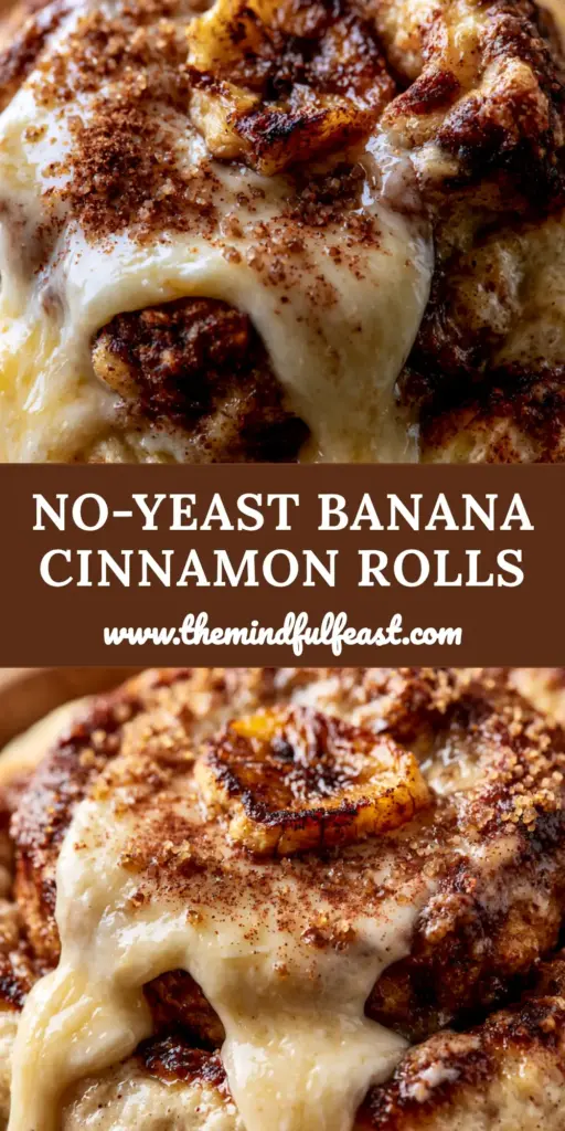 Banana Cinnamon Rolls: The Ultimate Yeast-Free Banana Bread Twist 4 A close-up shot of a tray of banana cinnamon rolls with thick white glaze and caramelized banana slices. (banana cinnamon rolls)