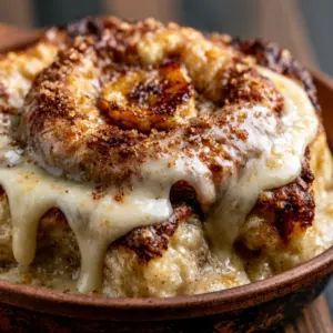 Macro close-up of a fluffy banana cinnamon roll with golden edges and gooey cream cheese glaze. (banana cinnamon rolls)