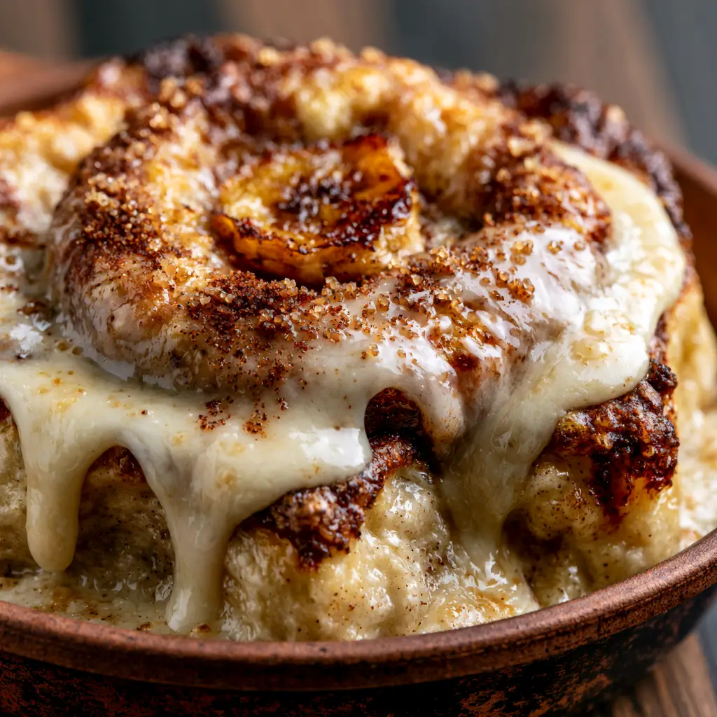 Banana Cinnamon Rolls: The Ultimate Yeast-Free Banana Bread Twist 2 Macro close-up of a fluffy banana cinnamon roll with golden edges and gooey cream cheese glaze. (banana cinnamon rolls)