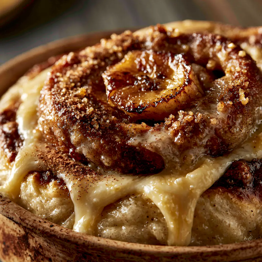 Banana Cinnamon Rolls: The Ultimate Yeast-Free Banana Bread Twist 1 A single banana cinnamon roll in a rustic dish topped with a caramelized banana slice and cinnamon dusting. (banana cinnamon rolls)