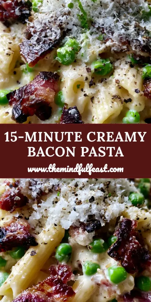 Bacon and Pea Pasta with Silky Cream Sauce and Charred Lardons 4 A shallow matte ceramic bowl of Bacon and Pea Pasta featuring penne in glossy cream sauce with charred bacon chunks and vibrant peas.
