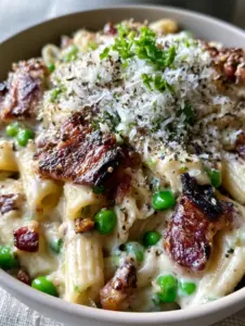 Extreme macro shot of Bacon and Pea Pasta showing the texture of glossy ivory sauce and charred mahogany bacon edges.