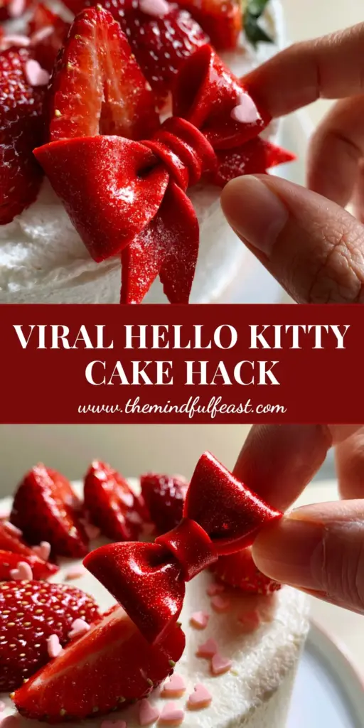 Hello Kitty Birthday Party Ideas: The Ultimate DIY Minimalist Strawberry Cake 4 A minimalist white buttercream cake topped with fresh strawberry slices and a glossy red bow for Hello Kitty Birthday Party Ideas.