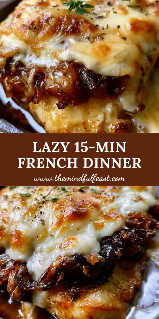French Food Excellence: Rustic Skillet French Onion Garlic Chicken 4 A top-down view of a rustic cast iron skillet featuring French food: golden-seared chicken breasts topped with jammy caramelized onions and bubbling Gruyère cheese.