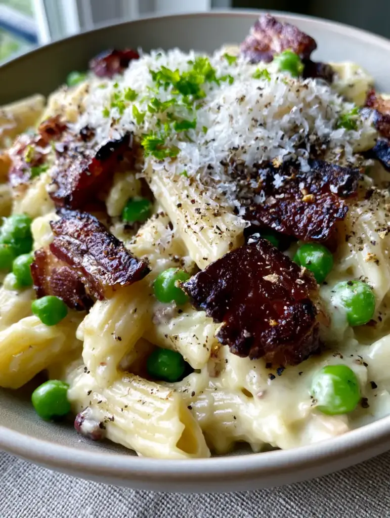 Bacon and Pea Pasta with Silky Cream Sauce and Charred Lardons 1 Close up of Bacon and Pea Pasta topped with snowy micro-planed Pecorino Romano and coarse black pepper flakes.