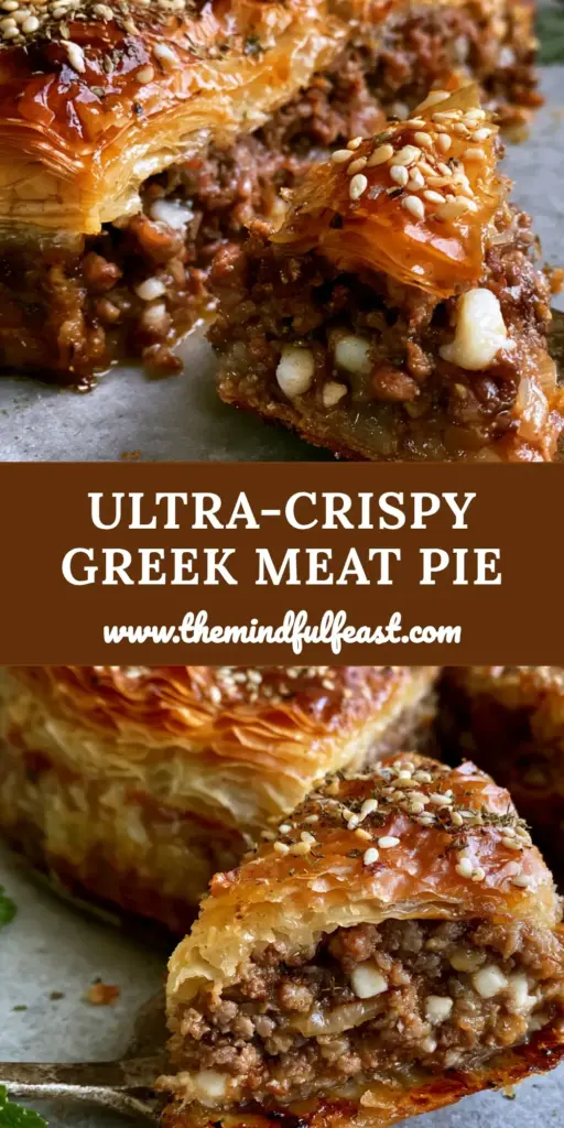 Greek Kreatopita Recipe: The Secret to Shatteringly Crisp Meat Pie 3 A vertical photo of a sliced Greek Kreatopita meat pie with shatteringly crisp phyllo, toasted sesame seeds, and a juicy beef and lamb filling. (Greek kreatopita recipe)
