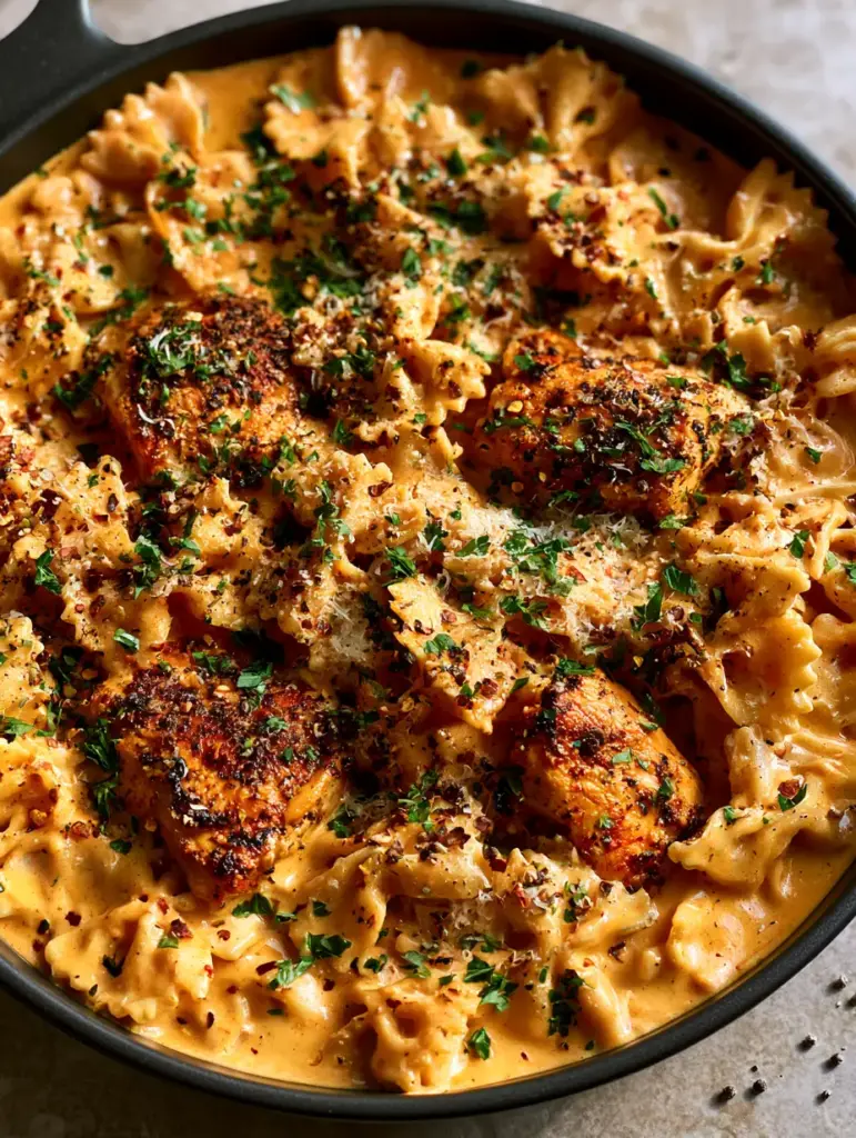 Cajun Chicken Bowtie Pasta with Creamy Blackened Sauce 1 Overhead view of Cajun Chicken Bowtie Pasta garnished with parsley, chili flakes, and grated parmesan.