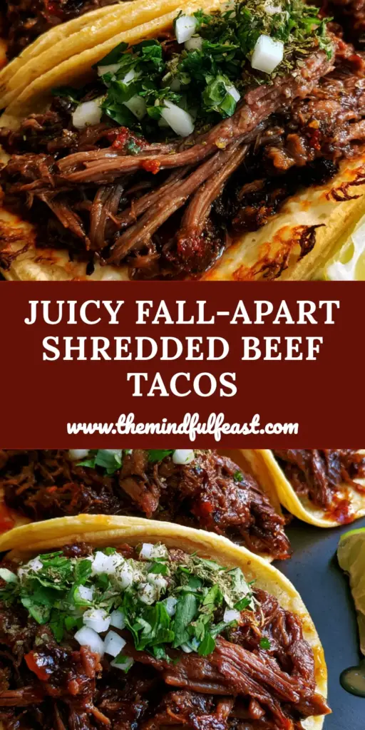 Shredded Beef Tacos with Crispy Oaxaca Cheese and Rich Beef Consomme 4 A top-down macro shot of three shredded beef tacos with mahogany meat, emerald cilantro, and white onions on a matte plate. (shredded beef tacos)