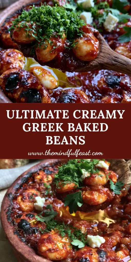 A rustic terracotta dish filled with Gigantes Plaki, featuring large white lima beans in a deep red tomato sauce, garnished with feta and fresh dill, served with charred sourdough bread.