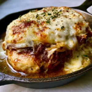 Close-up of bubbling melted Gruyère cheese with toasted spots over mahogany caramelized onions. (French food)