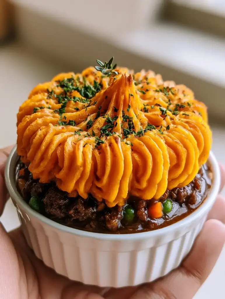 Irish beef sweet potato mini pies with Toasted Savory Mash Peaks 2 Close up of the vibrant orange sweet potato swirls and dark beef gravy in a white fluted ramekin. (Irish beef sweet potato mini pies)