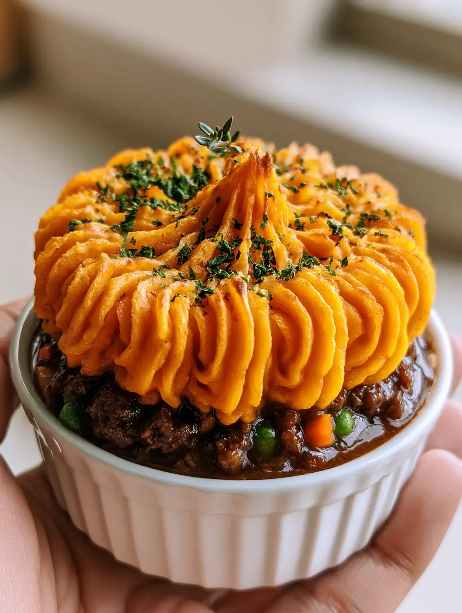 Irish beef sweet potato mini pies with Toasted Savory Mash Peaks 4 Close up of the vibrant orange sweet potato swirls and dark beef gravy in a white fluted ramekin. (Irish beef sweet potato mini pies)