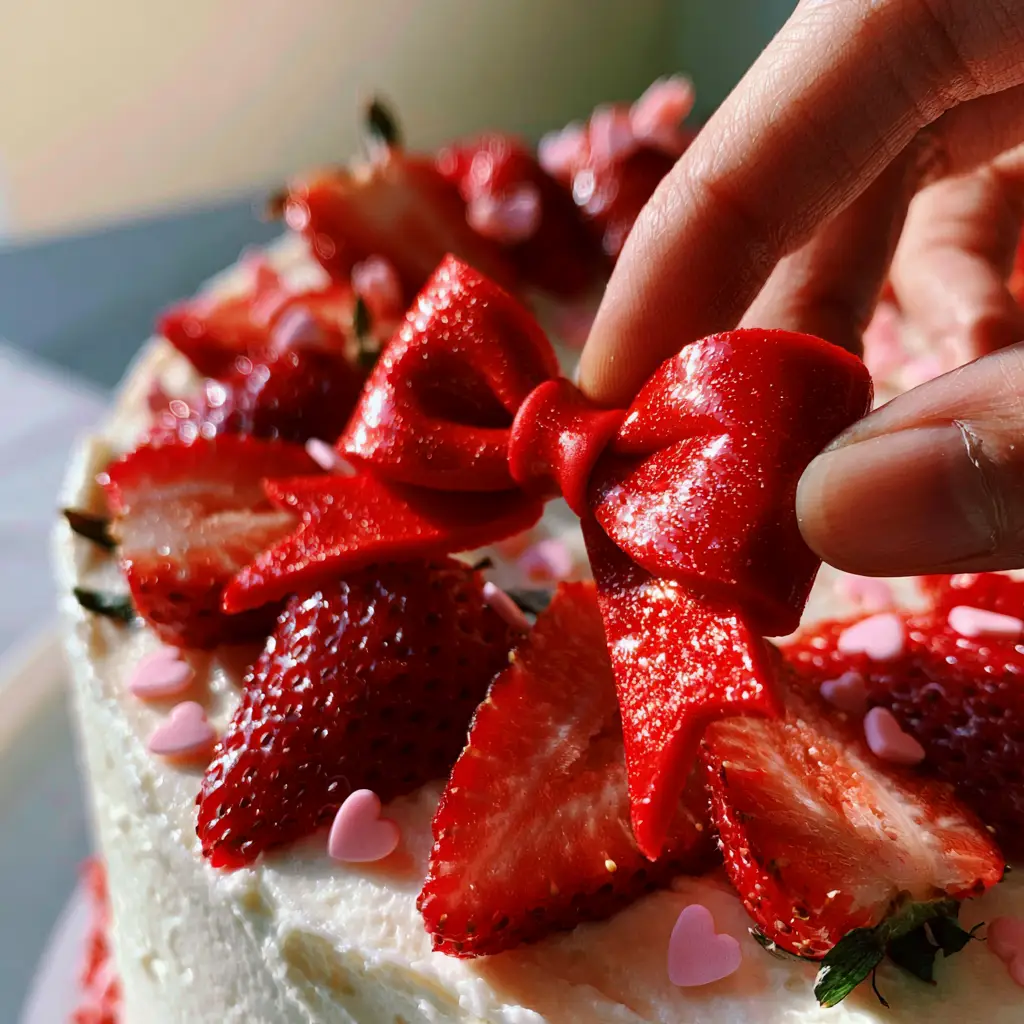 Hello Kitty Birthday Party Ideas: The Ultimate DIY Minimalist Strawberry Cake 1 Close-up of vibrant red strawberry slices and tiny pink heart sprinkles on a creamy white frosting. (Hello Kitty Birthday Party Ideas)