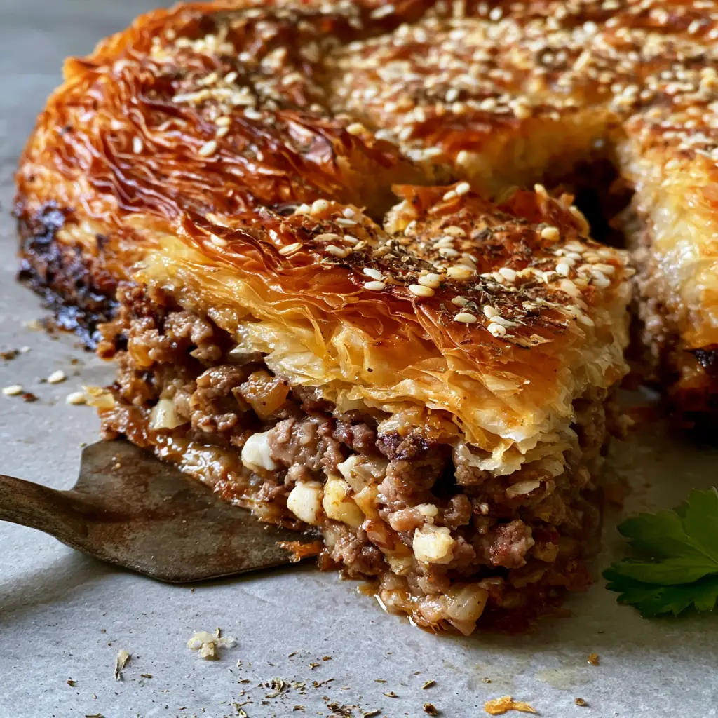 Greek Kreatopita Recipe: The Secret to Shatteringly Crisp Meat Pie 2 Close-up of Greek kreatopita showing dozens of ultra-thin golden-brown pastry sheets and melted Kefalotyri cheese cubes inside. (Greek kreatopita recipe)