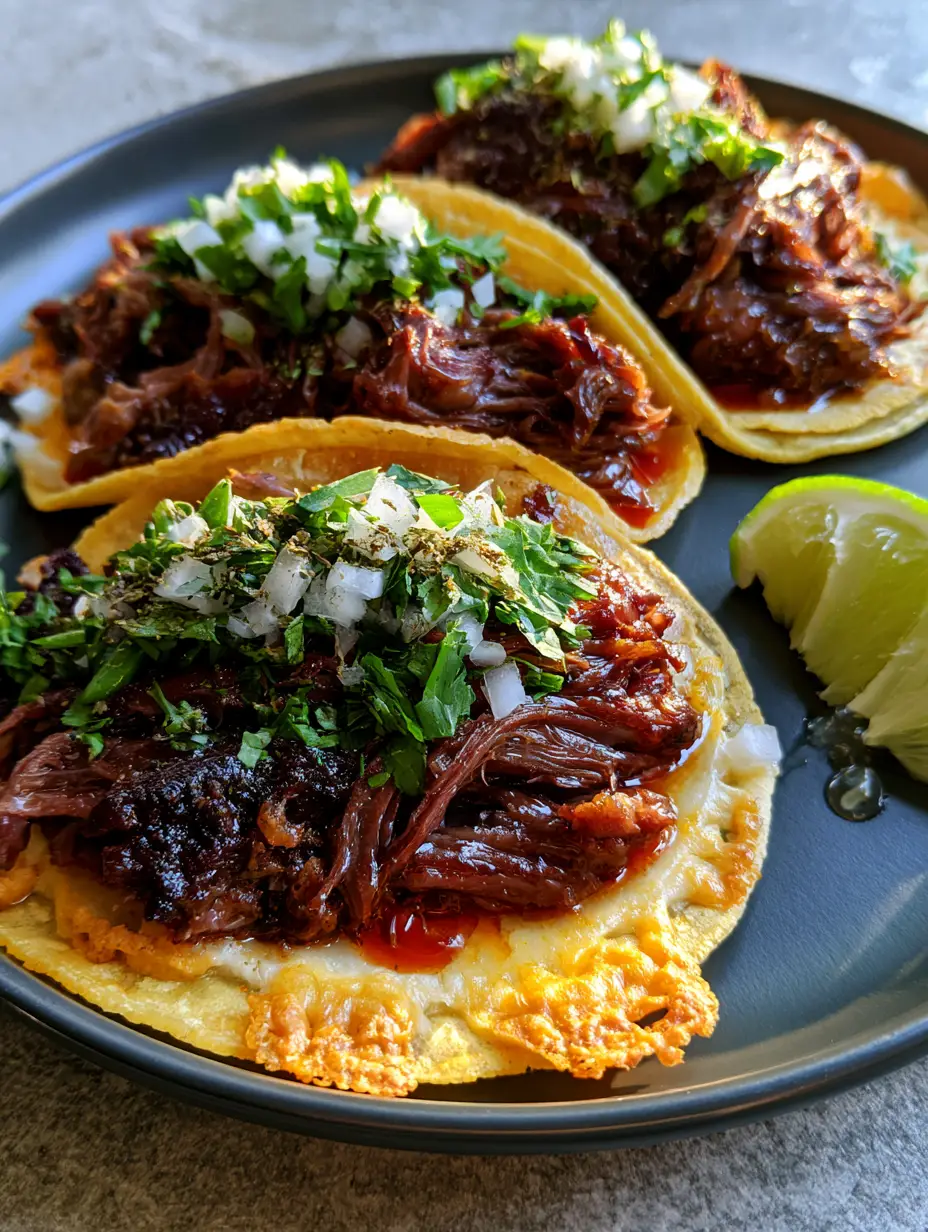 Shredded Beef Tacos with Crispy Oaxaca Cheese and Rich Beef Consomme 3 Macro shot of long-strand shredded beef tacos glistening with red chili oil and topped with fresh cilantro. (shredded beef tacos)