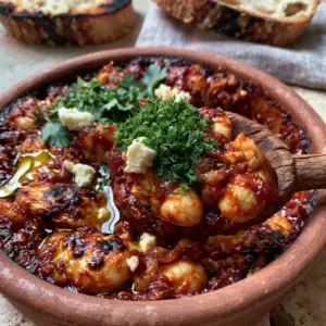 Close-up of Gigantes Plaki in a terracotta dish, showing charred bean skins and velvety tomato sauce glinting with olive oil.