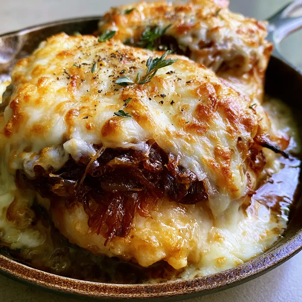 French Food Excellence: Rustic Skillet French Onion Garlic Chicken 1 A glossy garlic cream sauce pooling around a golden-seared chicken breast in a cast iron skillet. (French food)