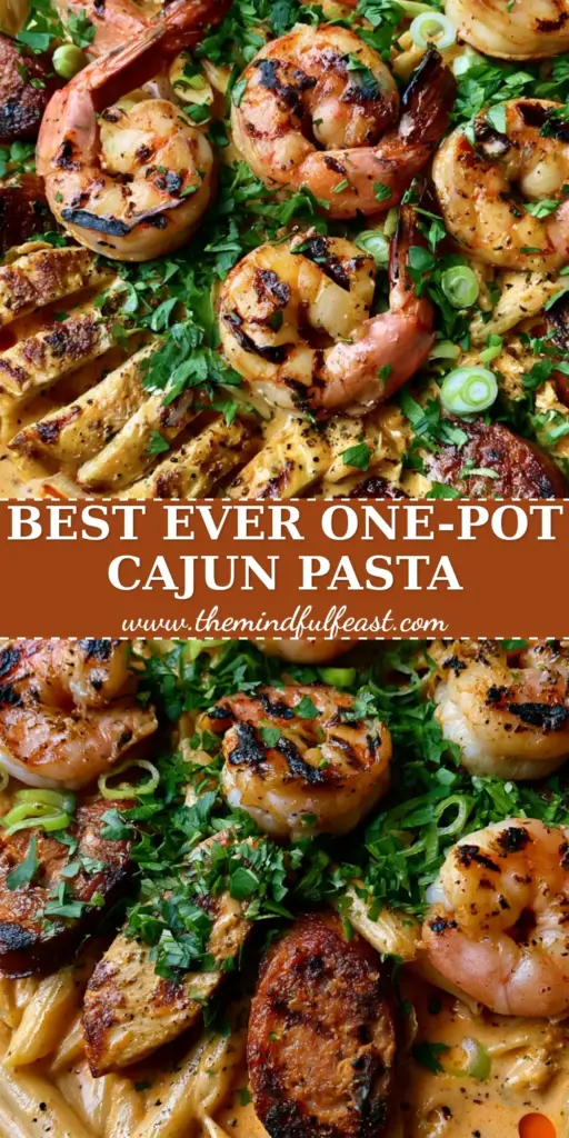 Cajun Jambalaya Pasta with Seared Shrimp, Chicken, and Andouille 4 A top-down view of a black cast iron skillet containing Cajun jambalaya pasta with shrimp, chicken, and sausage in a bright orange cream sauce.