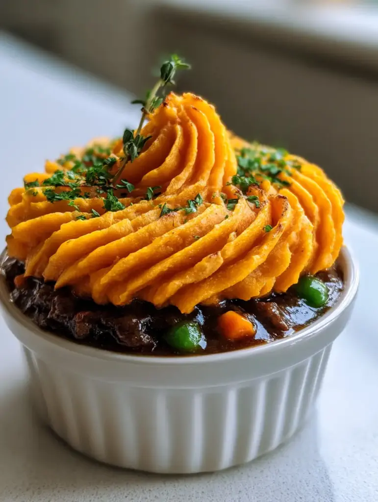 Irish beef sweet potato mini pies with Toasted Savory Mash Peaks 1 Extreme detail of steam rising from a freshly baked Irish beef sweet potato mini pie with thyme and parsley garnish.