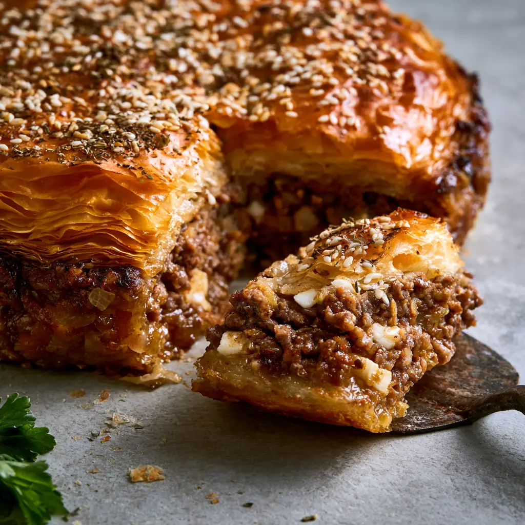 Greek Kreatopita Recipe: The Secret to Shatteringly Crisp Meat Pie 1 A slice of Greek Kreatopita being lifted by a rustic server, showing a perfectly browned bottom crust and toasted sesame seeds.