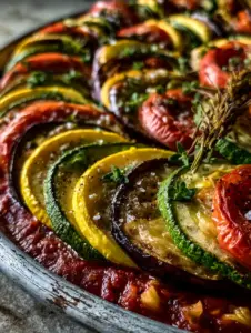 Extreme close-up of charred vegetable edges and a glossy olive oil sheen. (Ratatouille recipe)