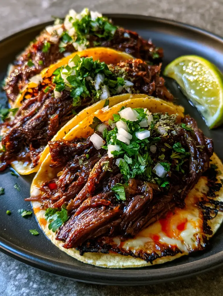 Shredded Beef Tacos with Crispy Oaxaca Cheese and Rich Beef Consomme 1 Close up of corn tortillas seared with lacey crispy Oaxaca cheese and filled with shredded beef chuck roast.