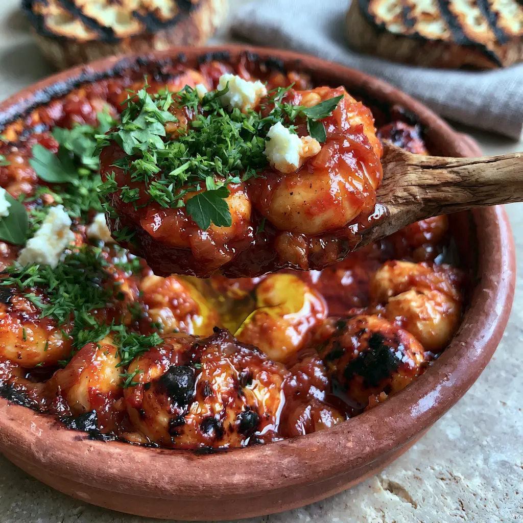 A wooden spoon lifting a portion of Gigantes Plaki, revealing the jam-like consistency of the red tomato and onion sauce.