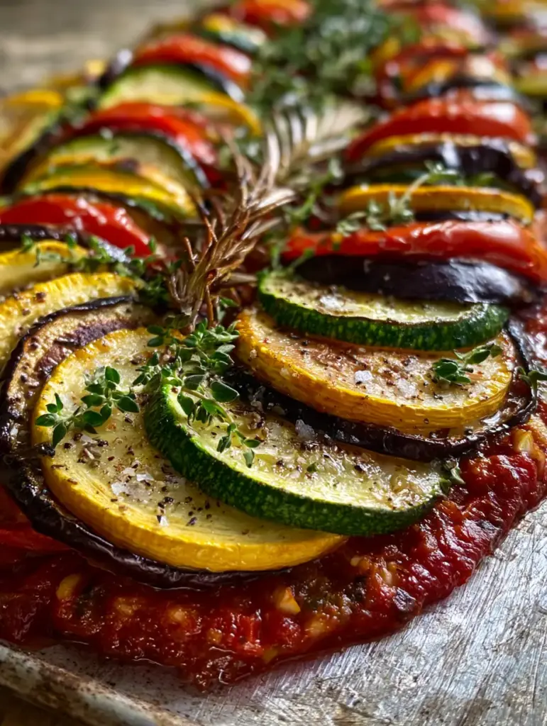 Ratatouille Recipe: The Ultimate Rustic Sheet Pan Disney-Style Guide 1 A wide angle showing the tight overlapping spiral pattern of vibrant vegetables. (Ratatouille recipe)
