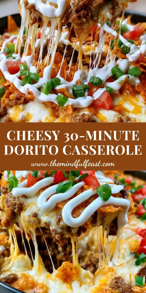 Mexican Dorito Casserole: The Ultimate Cheesy Ground Beef Bake 4 A close up of a Mexican Dorito Casserole with bubbling cheese, orange chip shards, and a sour cream drizzle in a matte black dish. (Mexican Dorito Casserole)