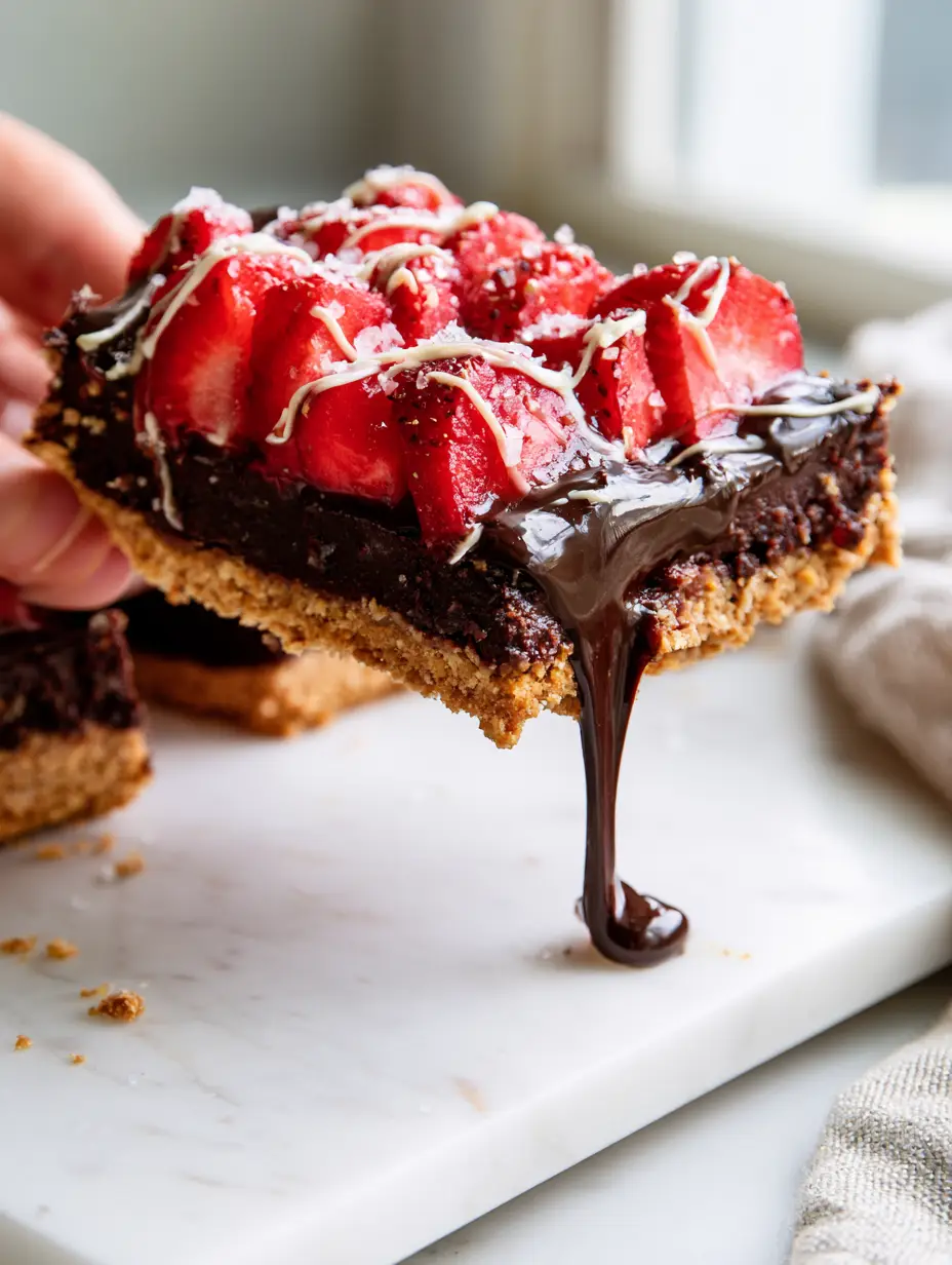 Easy Dessert Recipes: No-Bake Dark Chocolate Strawberry Ganache Bars 3 A hand lifting a thick, gooey dark chocolate ganache bar with sliced strawberries and sea salt. (easy dessert recipes)