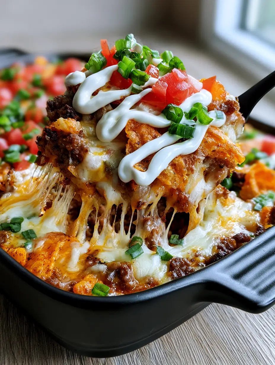 Mexican Dorito Casserole: The Ultimate Cheesy Ground Beef Bake 3 A smartphone photo of a scoop being lifted out of a Mexican Dorito Casserole, creating a long dramatic stringy cheese pull. (Mexican Dorito Casserole)