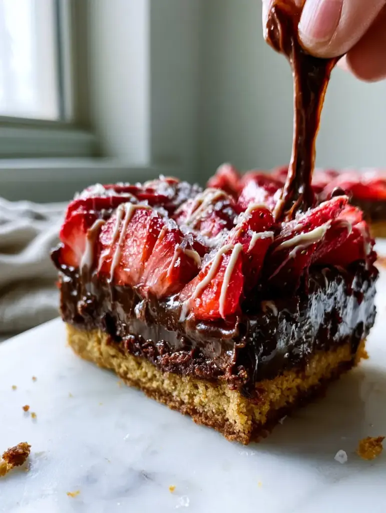Easy Dessert Recipes: No-Bake Dark Chocolate Strawberry Ganache Bars 1 Slices of chocolate strawberry bars on a white marble counter with a linen napkin. (easy dessert recipes)