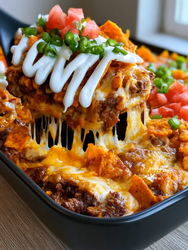 Mexican Dorito Casserole: The Ultimate Cheesy Ground Beef Bake 1 Top down view of Mexican Dorito Casserole garnished with tomatoes, green onions, and cilantro. (Mexican Dorito Casserole)