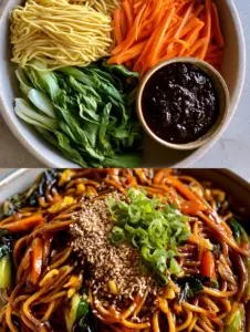 Split-frame photo showing deconstructed raw ingredients and the finished caramelized lo mein noodles.