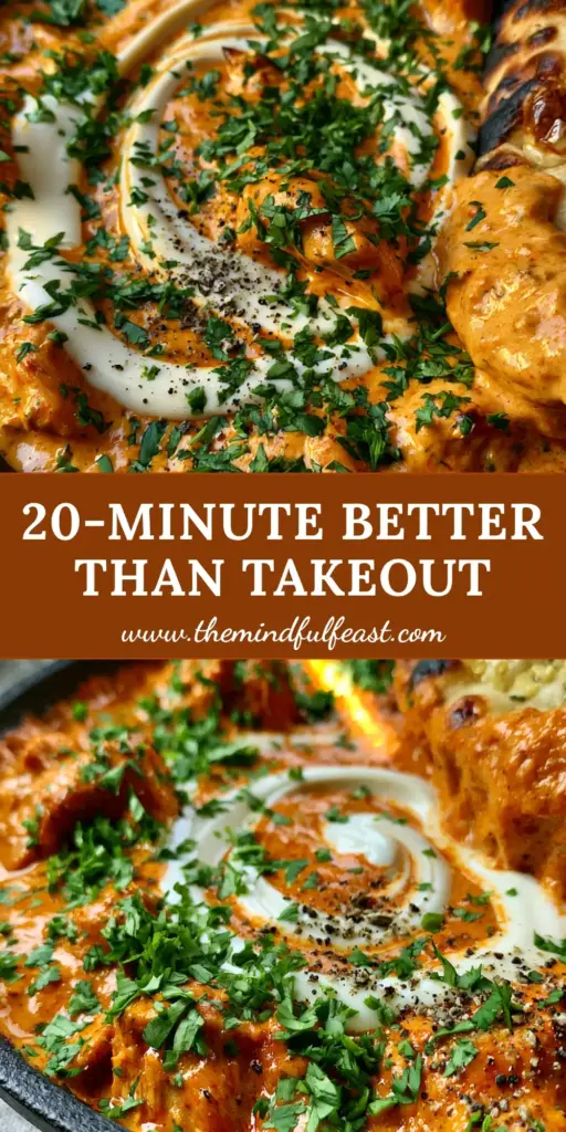 A high-angle shot of a matte black skillet filled with vibrant orange butter chicken, topped with a cream spiral and cilantro next to charred naan. (Butter Chicken recipe)
