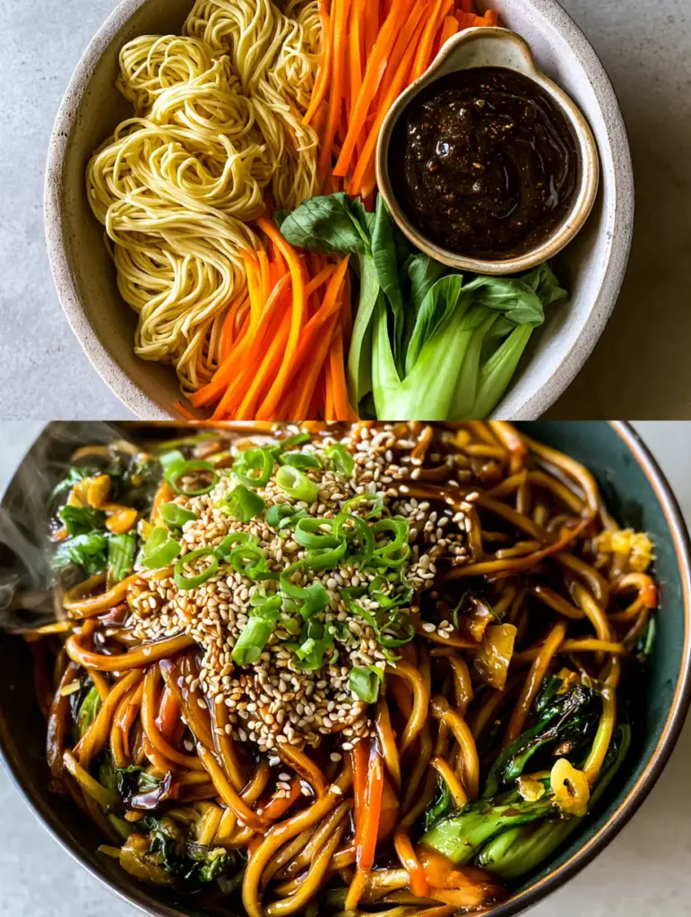 Lo Mein Noodles with Charred Bok Choy and Glossy Garlic Soy Glaze 1 Close-up of viscous, shimmering dark amber sauce coating lo mein noodles with golden garlic bits.