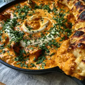 Close-up of seared chicken pieces in a thick, glossy orange-gold tomato cream sauce. (Butter Chicken recipe)