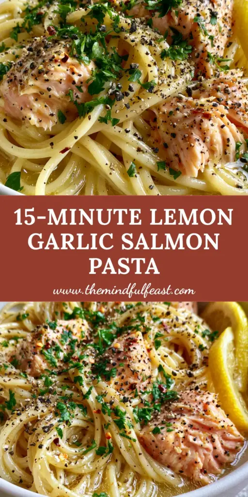A top-down view of a matte white bowl filled with canned salmon pasta, garnished with lemon wheels, parsley, and cracked pepper on a stone surface.