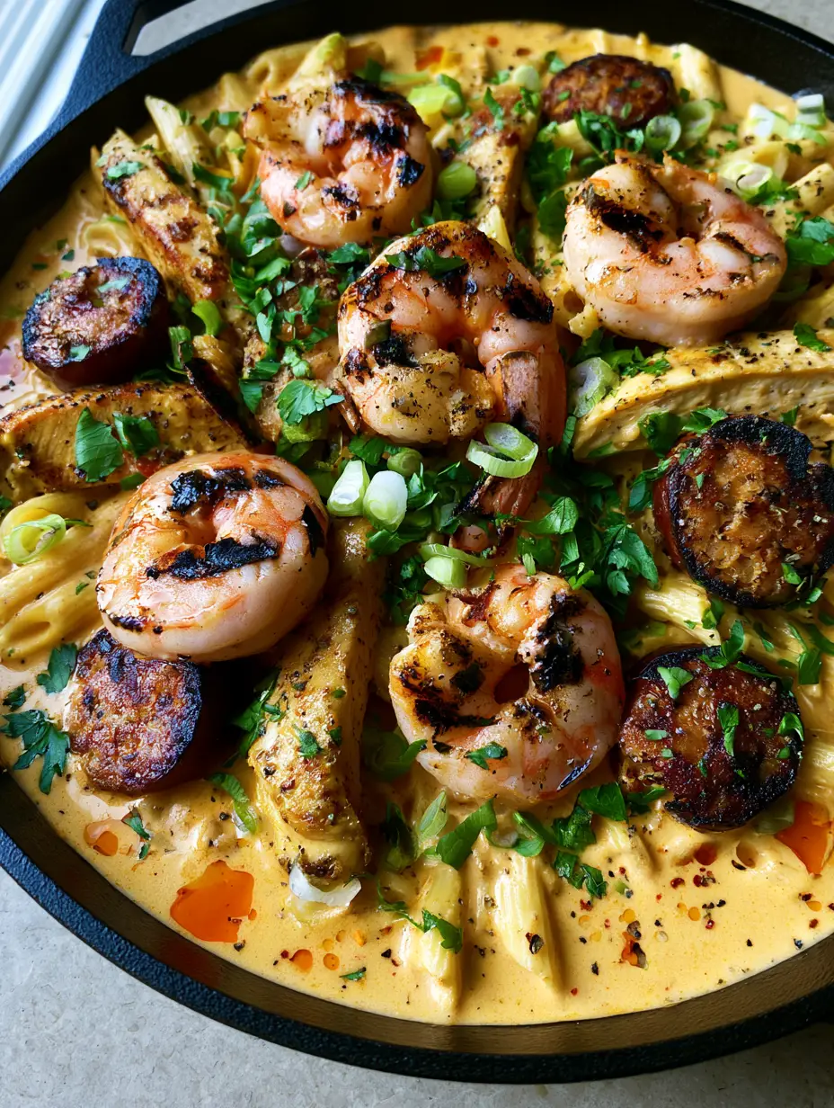 Cajun Jambalaya Pasta with Seared Shrimp, Chicken, and Andouille 3 Close up of Cajun jambalaya pasta in a cast iron skillet showing seared shrimp and charred andouille sausage in a thick orange sauce.