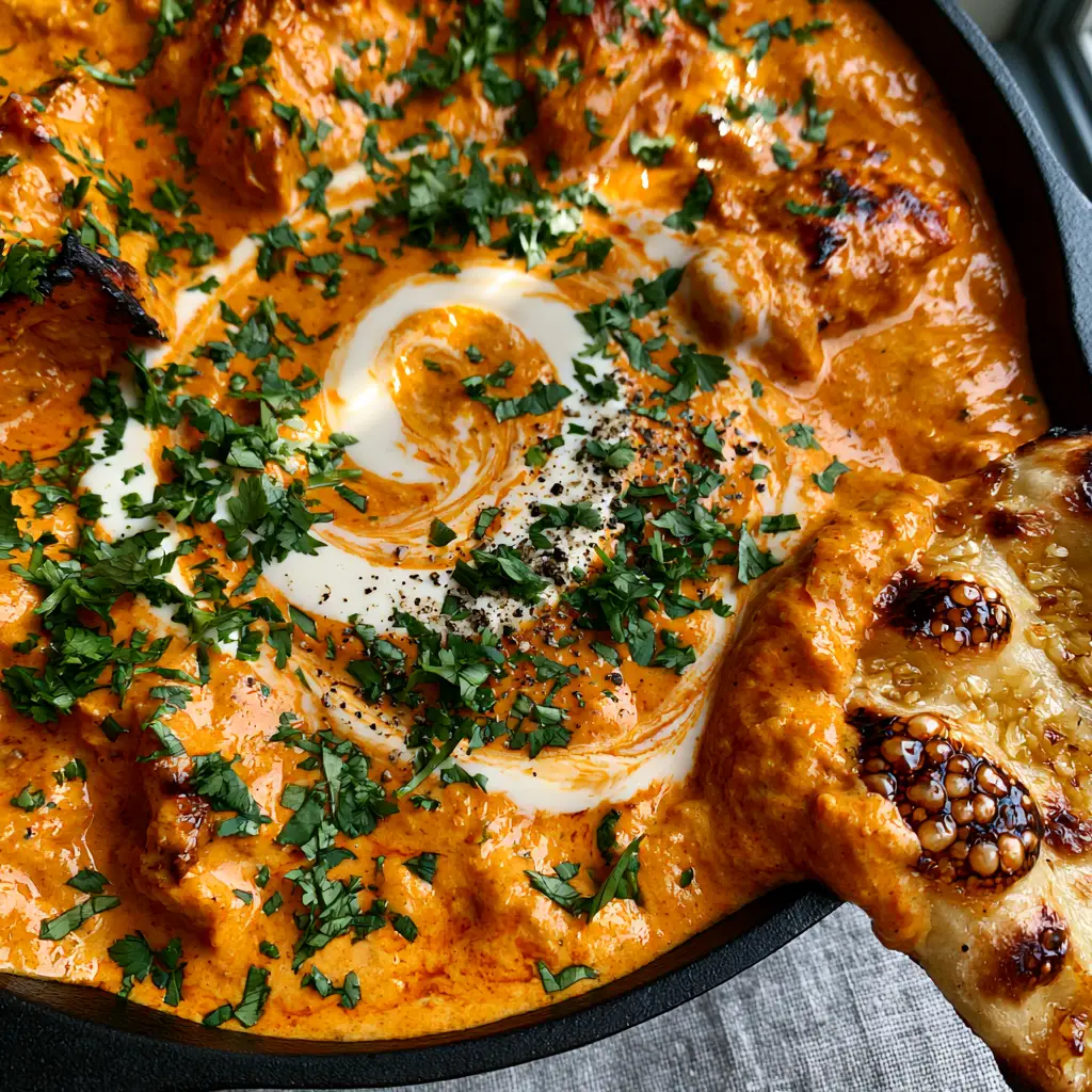 An artistic spiral of heavy white cream over a matte black skillet of butter chicken. (Butter Chicken recipe)
