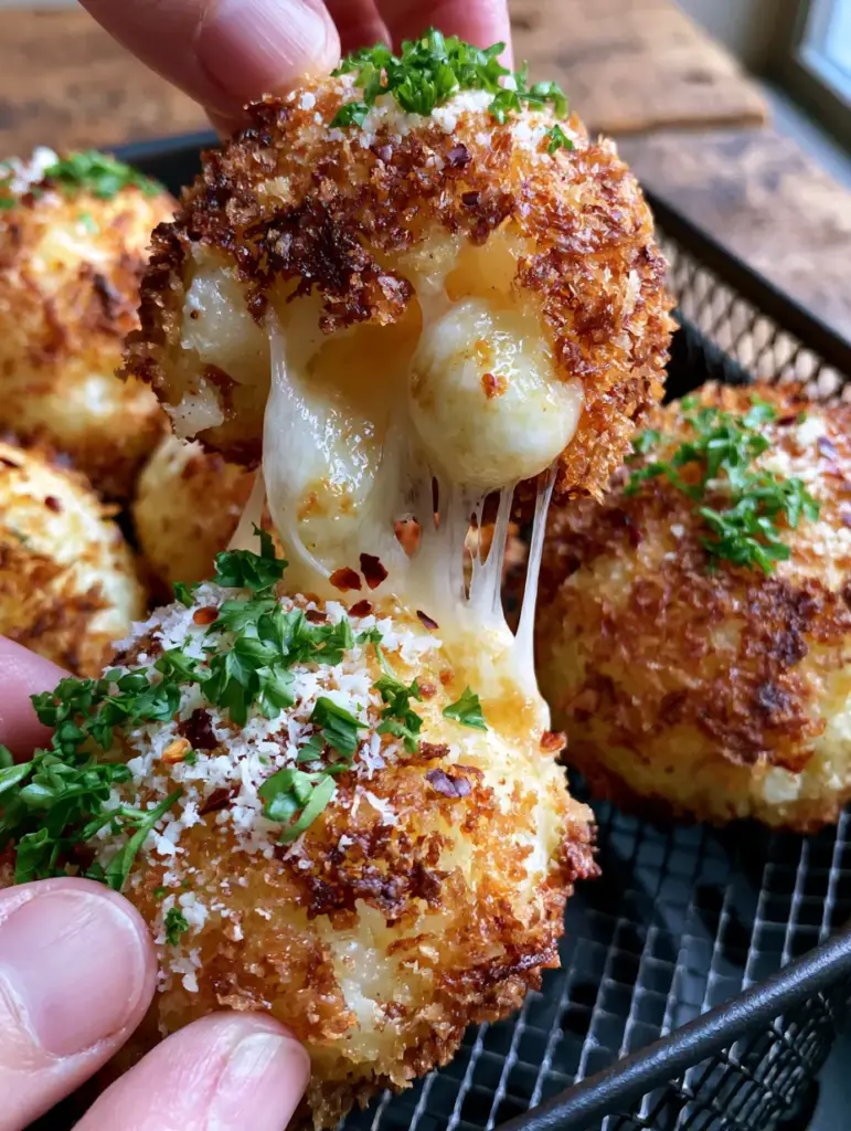 Potato Balls Recipe: The Ultimate Crispy Air Fried Mozzarella Cheese Pull 1 Golden air-fried potato balls in a black mesh basket garnished with parsley, parmesan, and chili flakes. (potato balls recipe)