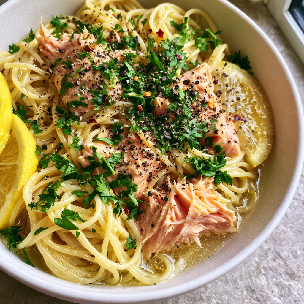 Gourmet lemon garlic salmon pasta served in a white ceramic bowl with vibrant green parsley and yellow lemon slices.