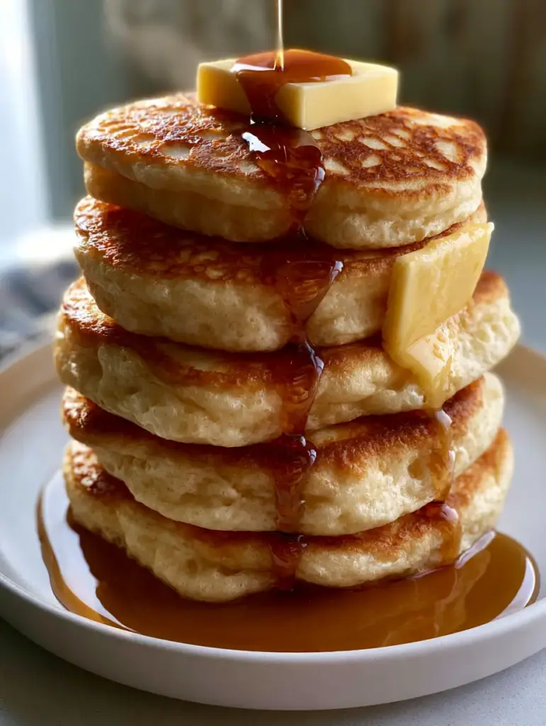 How to Make Pancakes: The Ultimate Guide to 2-Inch Thick Fluffy Diner Stacks 1 Viscous dark amber maple syrup cascading over a stack of five thick pancakes. (how to make pancakes)