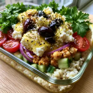 Overhead shot of fresh Mediterranean quinoa salad with fluffy white quinoa, bright red tomatoes, and creamy feta crumbles drizzled with lemon vinaigrette.