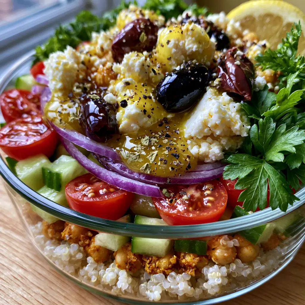 Handheld photo of a glass container filled with Mediterranean quinoa salad on a light wooden table with natural sunlight.