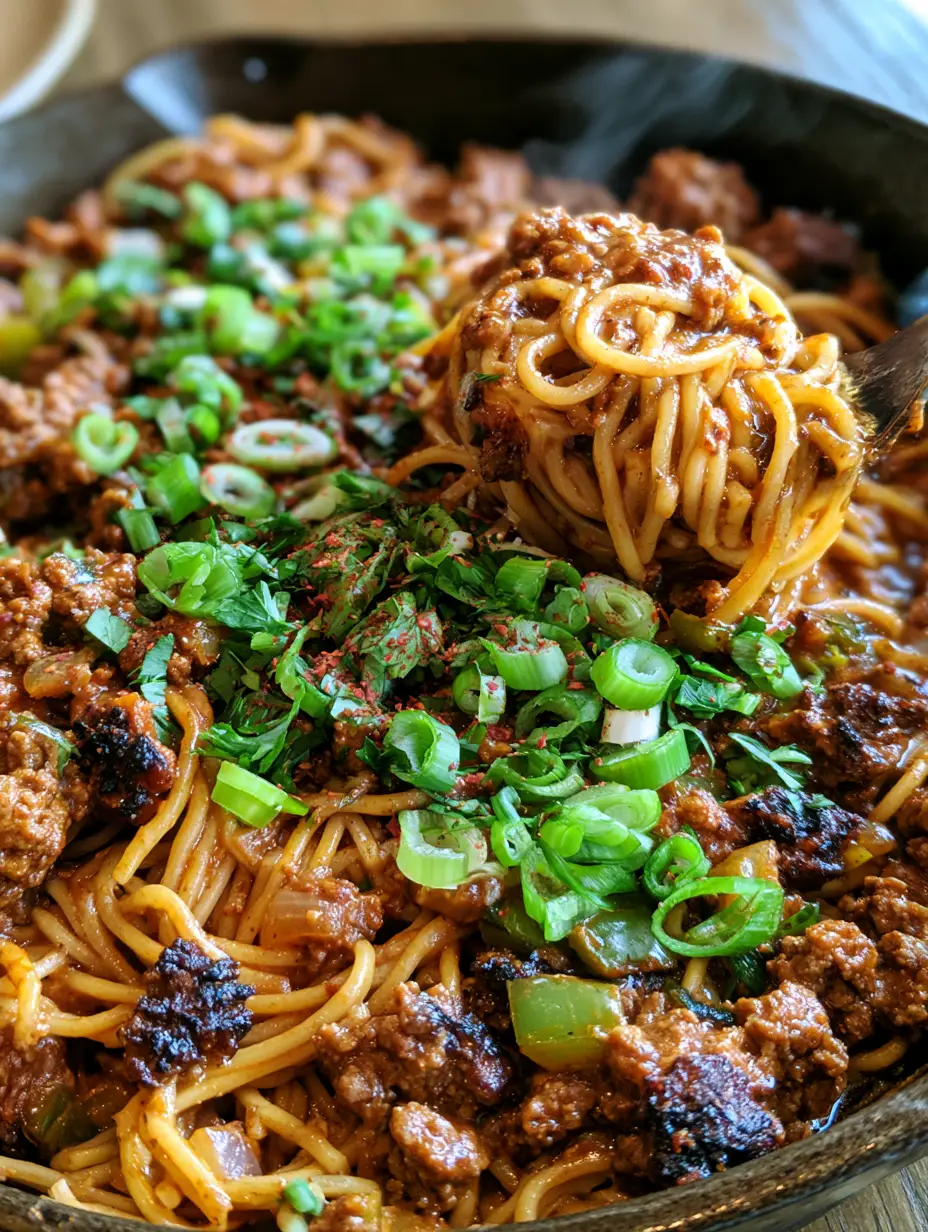Cajun Inspired Dirty Spaghetti: A Bold, Mahogany-Sauced Skillet Masterpiece 3 A rustic cast iron skillet filled with Cajun inspired dirty spaghetti garnished with fresh scallions and parsley on a wooden table.