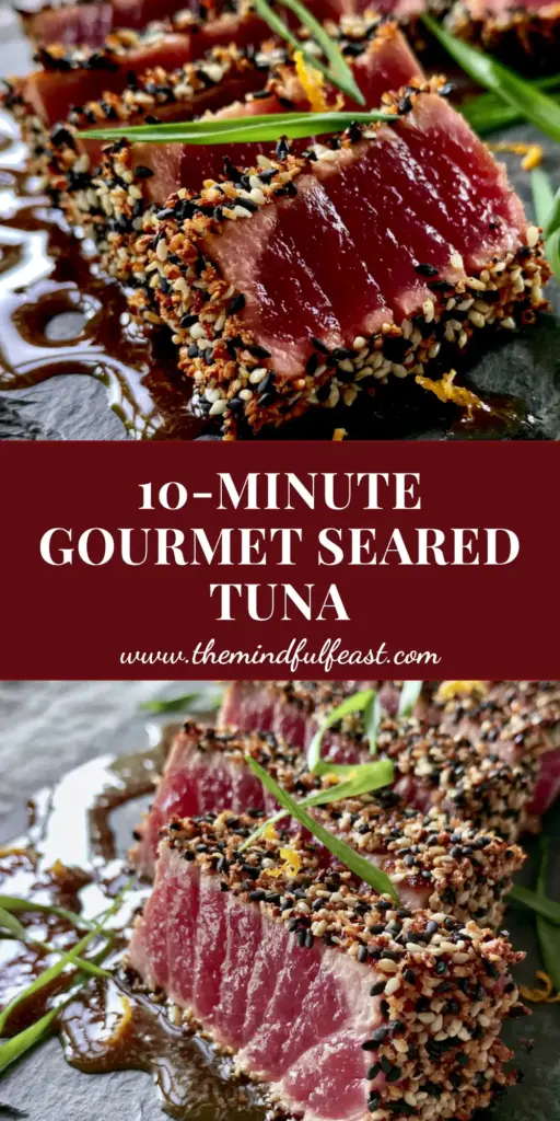 Pan-Seared Tuna Steaks with a Crunchy Sesame Crust and Ginger-Soy Glaze 4 A close-up shot of pan-seared tuna steaks sliced into strips showing a rare pink center and sesame crust on a dark plate. (pan-seared tuna steaks)