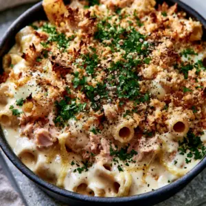 Close-up of rigatoni coated in glossy ivory cream sauce with large flakes of pink tuna. (Tuna pasta bake recipe)